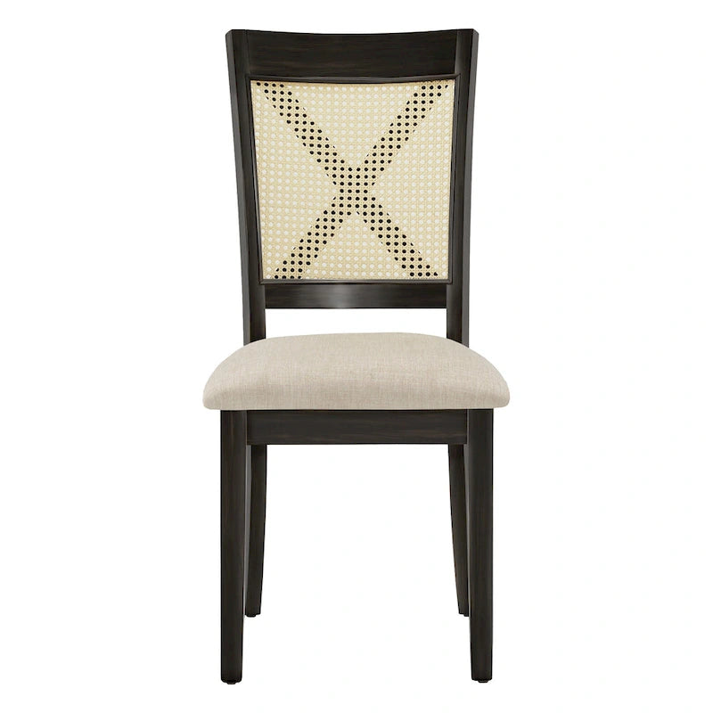 Chaise de salle à manger avec dossier en cannage, assise en lin beige, lot de 2