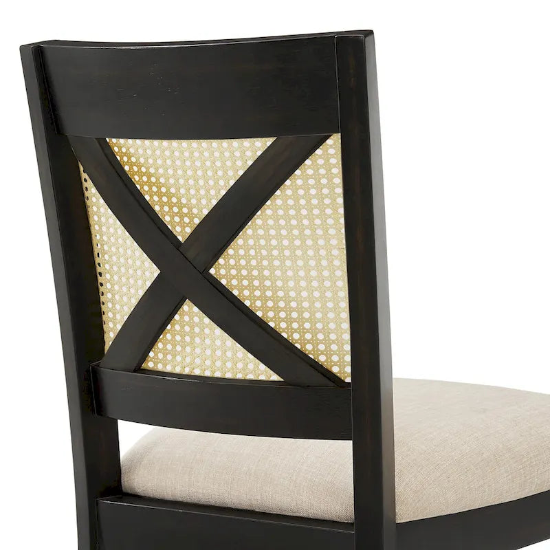 Chaise de salle à manger avec dossier en cannage, assise en lin beige, lot de 2