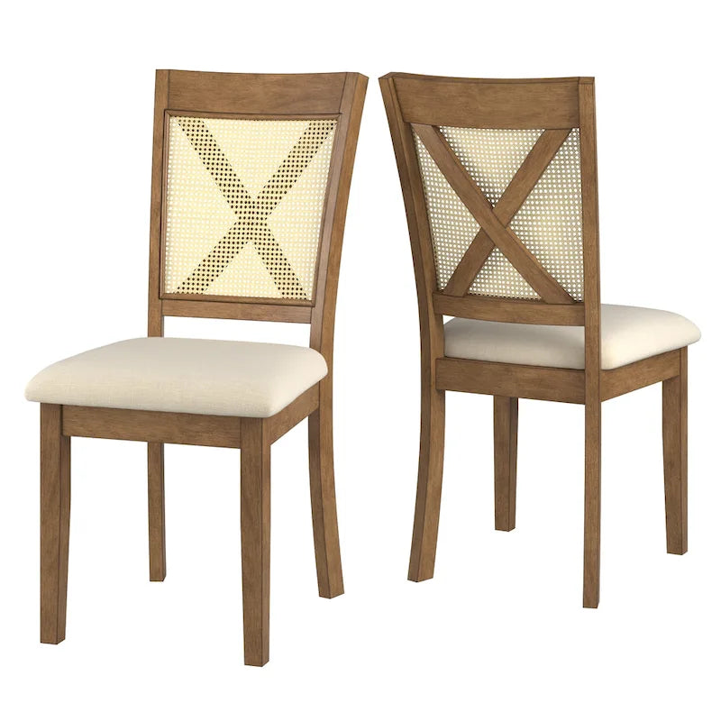 Chaise de salle à manger avec dossier en cannage, assise en lin beige, lot de 2