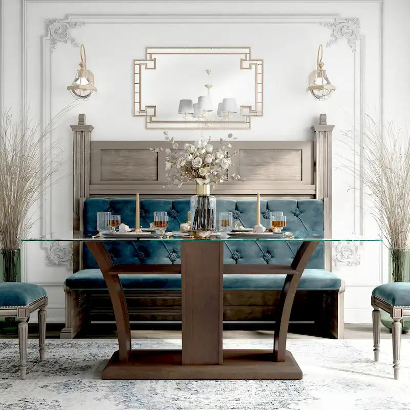 Table à manger rectangulaire avec plateau en verre et cerisier brun, 4 à 6 places