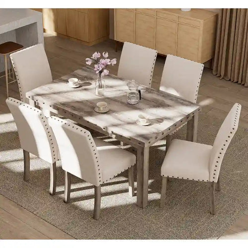 Table de salle à manger rectangulaire beige, style campagnard, 4 à 6 places