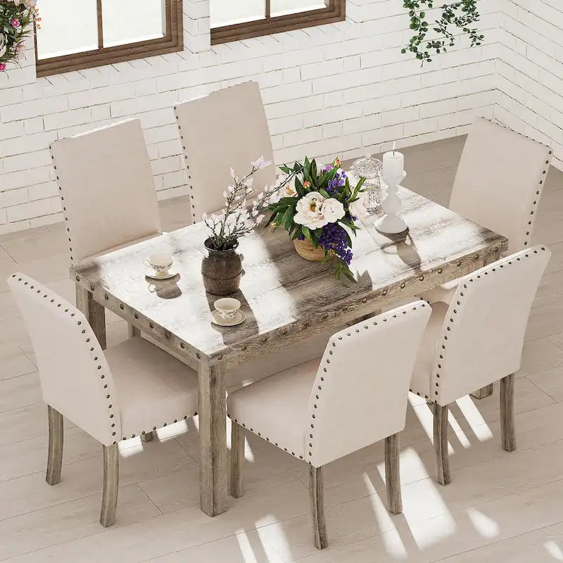 Table de salle à manger rectangulaire beige, style campagnard, 4 à 6 places