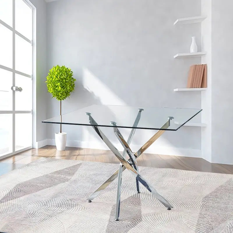 Table à manger carrée en verre, 4 places, pieds argentés