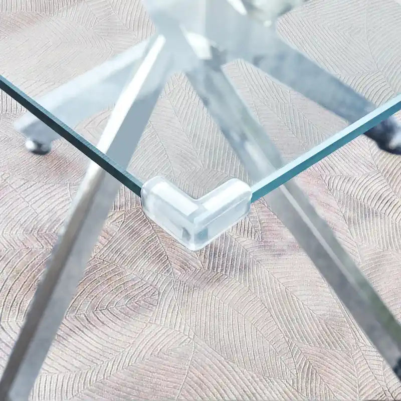 Table à manger carrée en verre, 4 places, pieds argentés