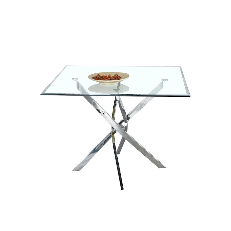 Table à manger carrée en verre, 4 places, pieds argentés