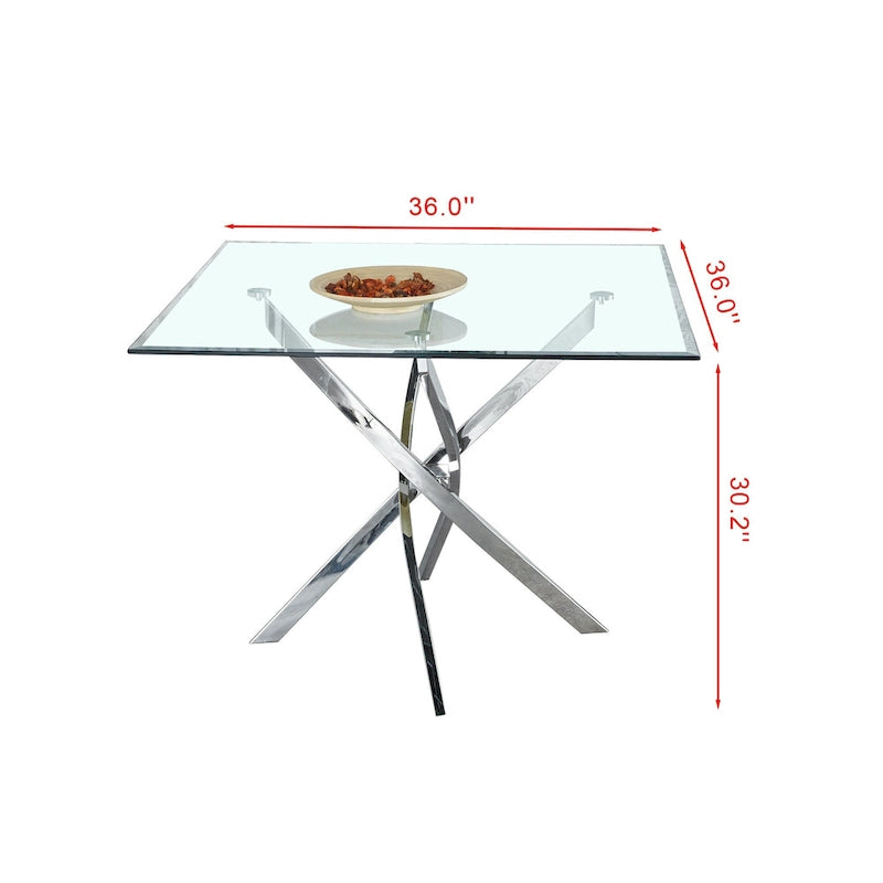 Table à manger carrée en verre, 4 places, pieds argentés