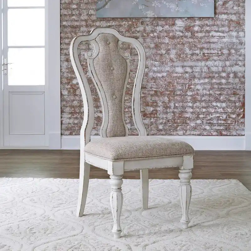 Chaise de salle à manger latérale rembourrée à dossier ajouré, blanc antique/bisque vieilli, lot de 2