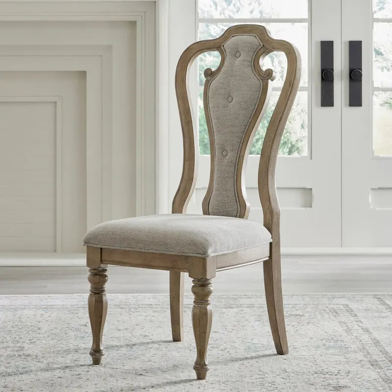 Chaise de salle à manger latérale rembourrée à dossier ajouré, blanc antique/bisque vieilli, lot de 2
