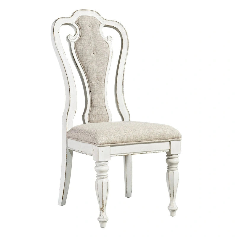 Chaise de salle à manger latérale rembourrée à dossier ajouré, blanc antique/bisque vieilli, lot de 2