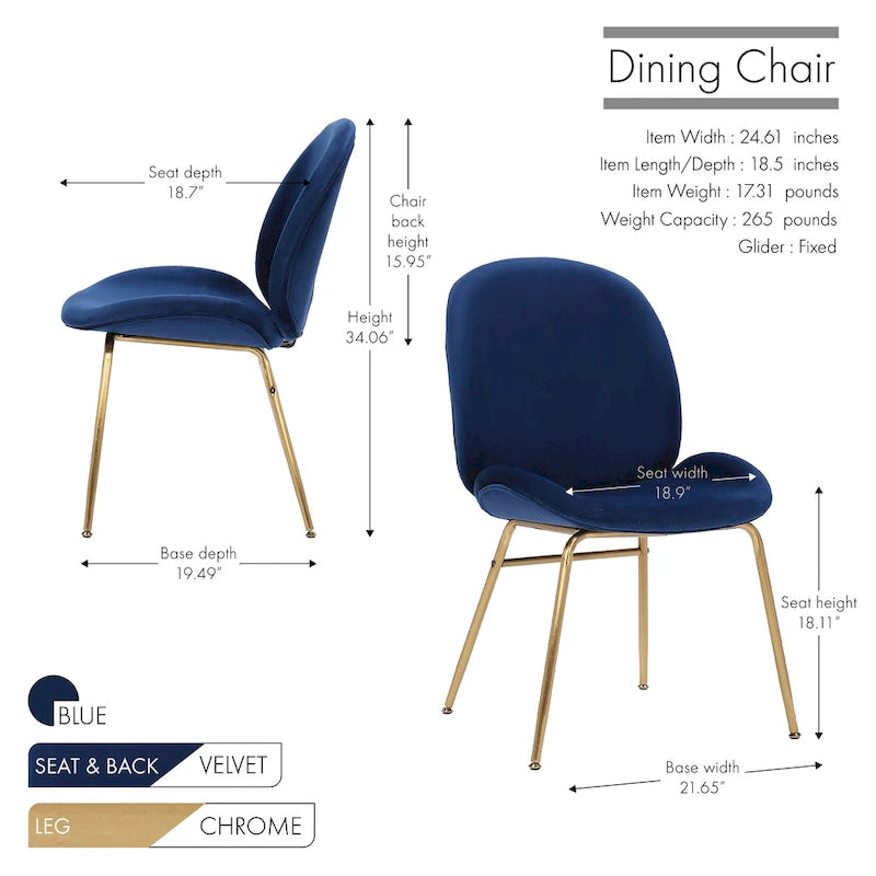 Chaise de salle à manger sans accoudoirs en velours avec pieds dorés – Bleu / Vert / Rose / Gris, 1 place