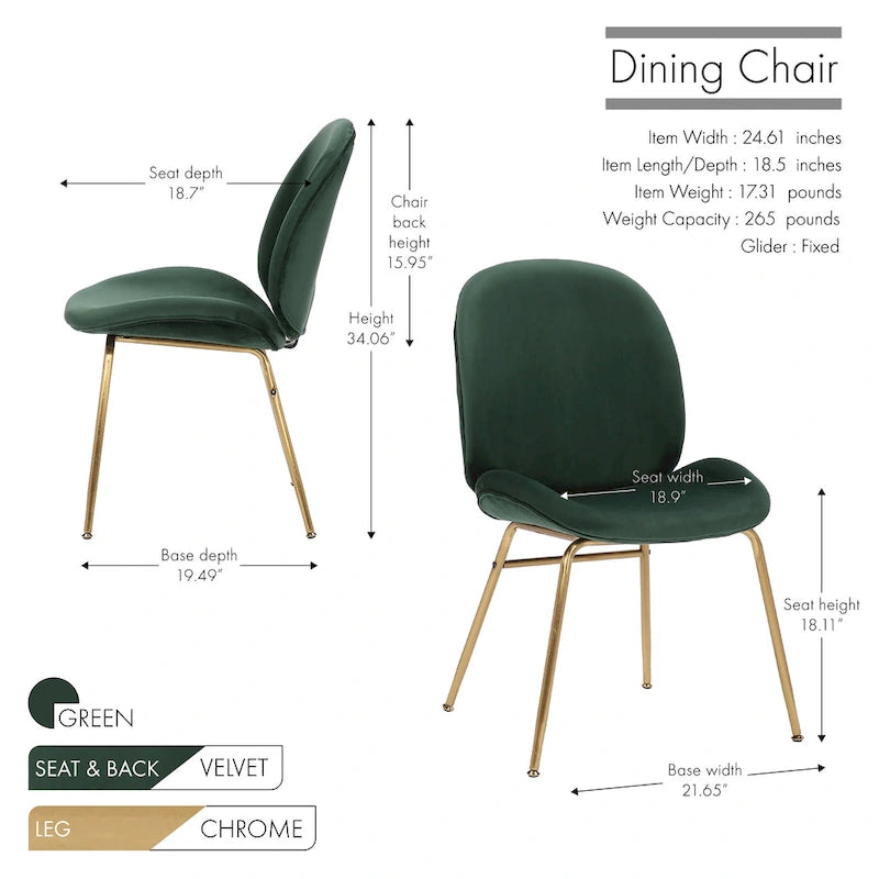 Chaise de salle à manger sans accoudoirs en velours avec pieds dorés – Bleu / Vert / Rose / Gris, 1 place
