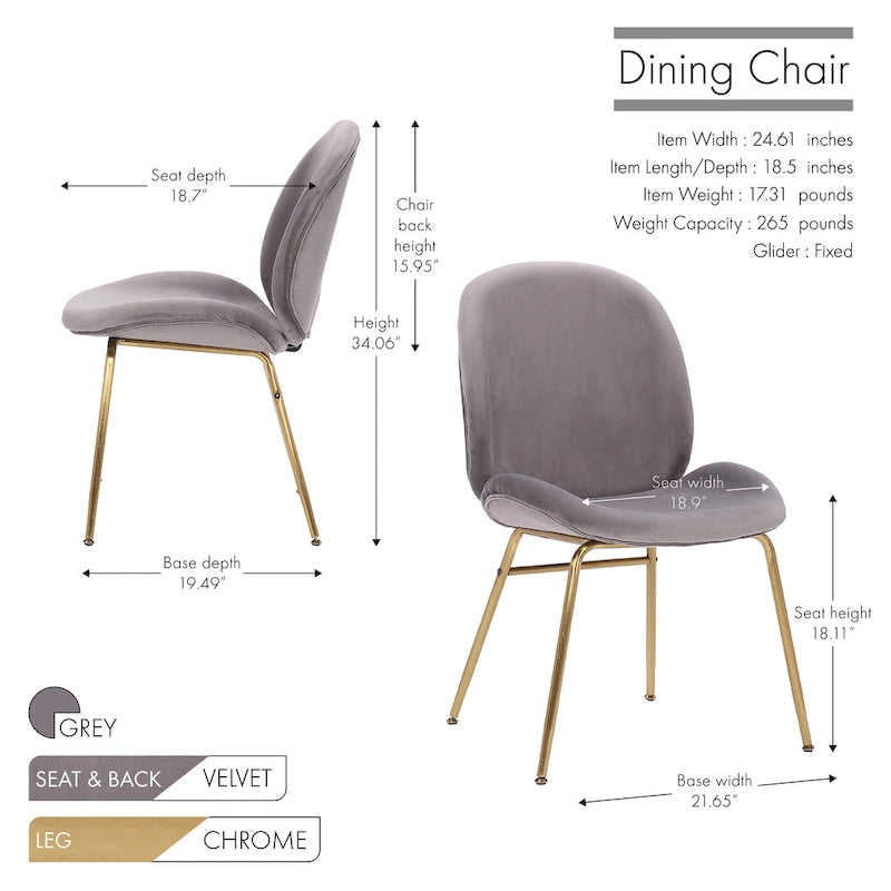 Chaise de salle à manger sans accoudoirs en velours avec pieds dorés – Bleu / Vert / Rose / Gris, 1 place