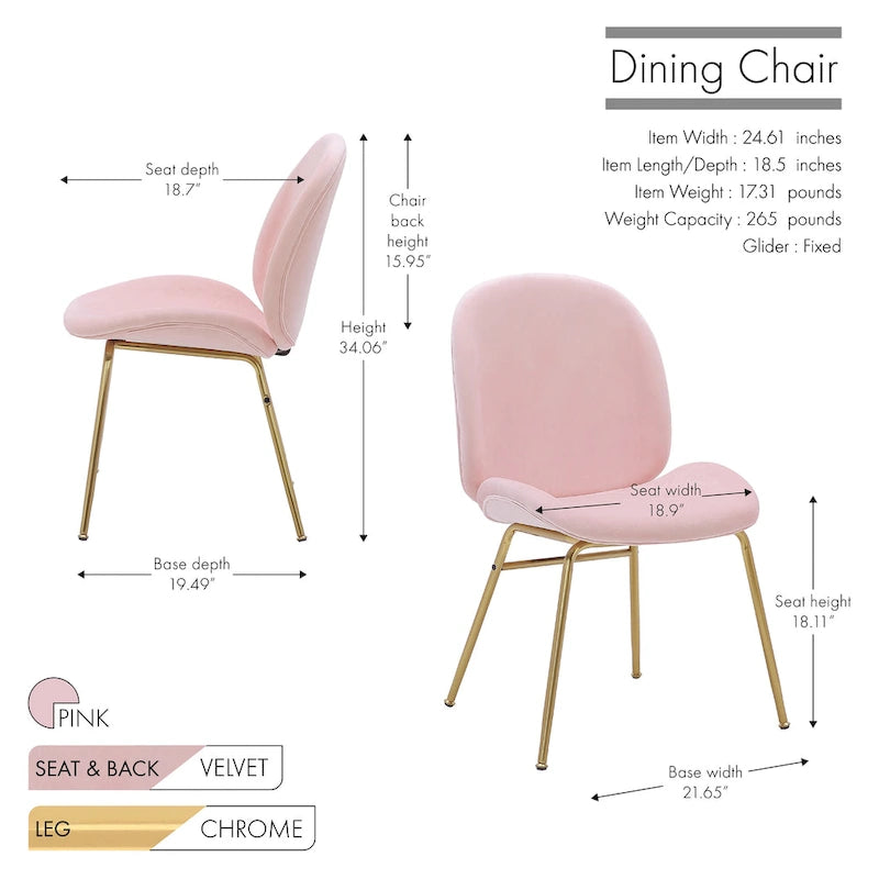 Chaise de salle à manger sans accoudoirs en velours avec pieds dorés – Bleu / Vert / Rose / Gris, 1 place