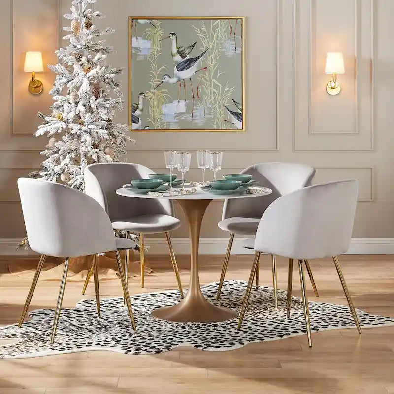 Table de salle à manger ronde à pied central, aspect marbre blanc, 4 à 6 places