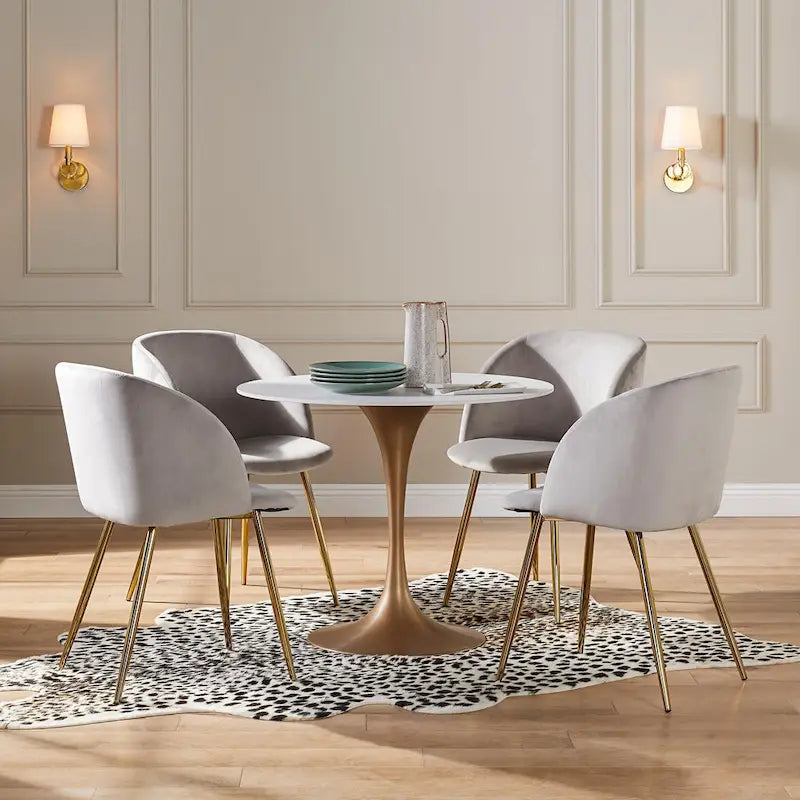 Table de salle à manger ronde à pied central, aspect marbre blanc, 4 à 6 places