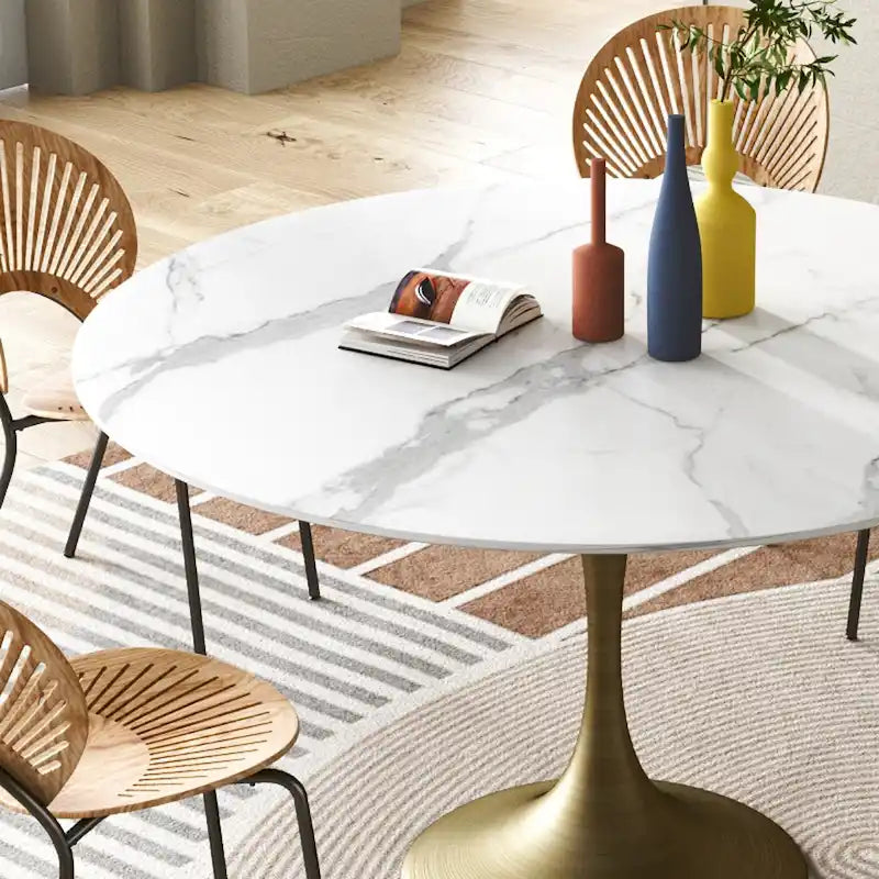 Table de salle à manger ronde à pied central, aspect marbre blanc, 4 à 6 places