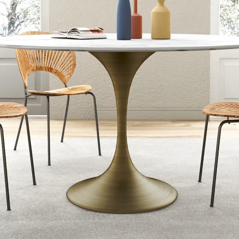 Table de salle à manger ronde à pied central, aspect marbre blanc, 4 à 6 places