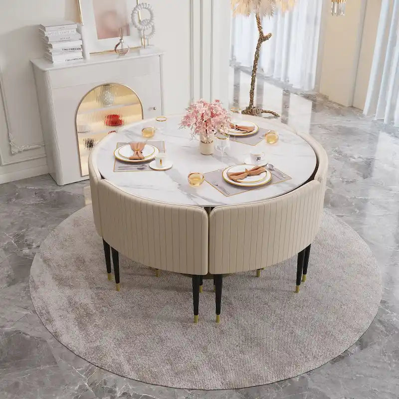 Table de salle à manger ronde à pied central, aspect marbre blanc, 4 à 6 places