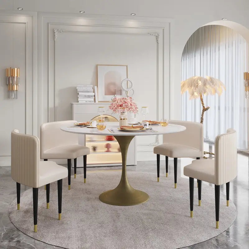 Table de salle à manger ronde à pied central, aspect marbre blanc, 4 à 6 places