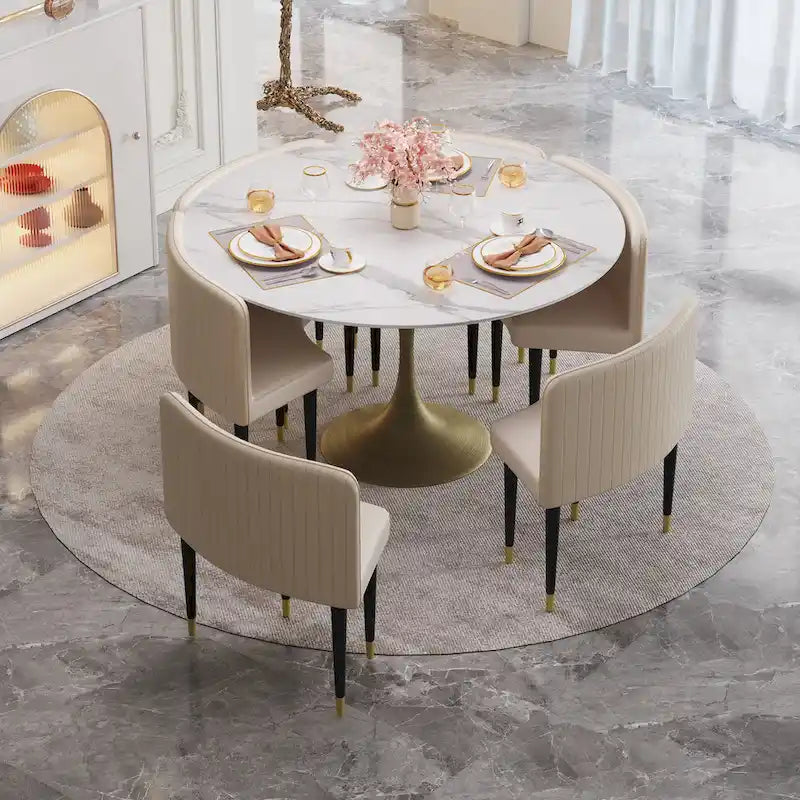 Table de salle à manger ronde à pied central, aspect marbre blanc, 4 à 6 places