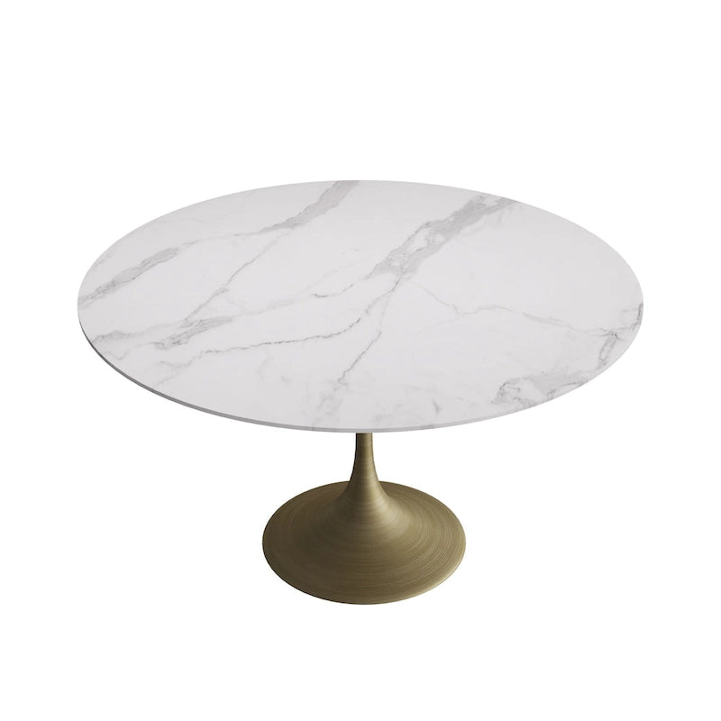 Table de salle à manger ronde à pied central, aspect marbre blanc, 4 à 6 places