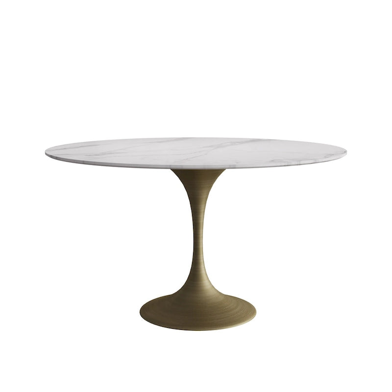 Table de salle à manger ronde à pied central, aspect marbre blanc, 4 à 6 places