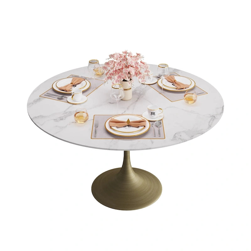 Table de salle à manger ronde à pied central, aspect marbre blanc, 4 à 6 places