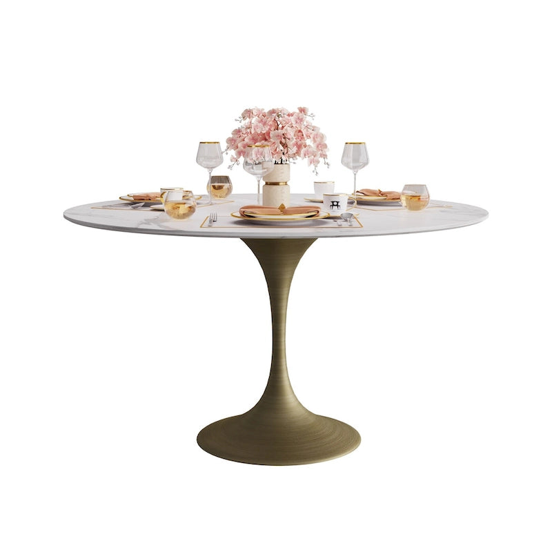 Table de salle à manger ronde à pied central, aspect marbre blanc, 4 à 6 places
