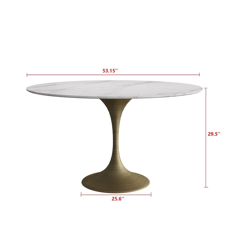 Table de salle à manger ronde à pied central, aspect marbre blanc, 4 à 6 places