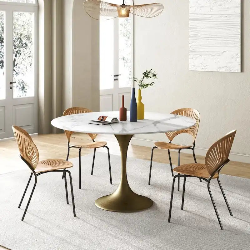 Table de salle à manger ronde à pied central, aspect marbre blanc, 4 à 6 places