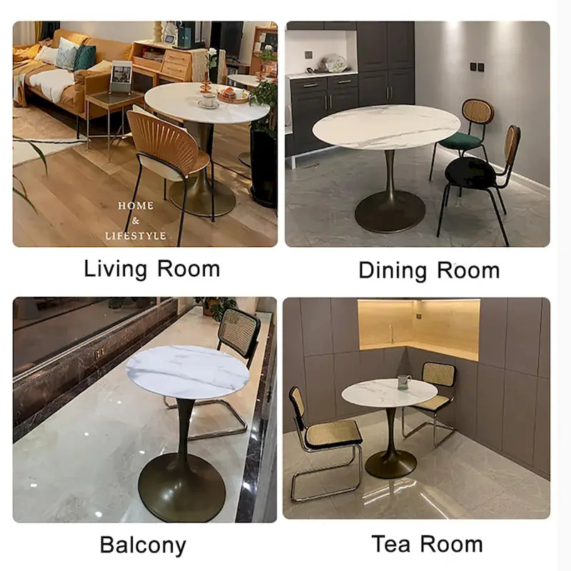 Table de salle à manger ronde à pied central, aspect marbre blanc, 4 à 6 places