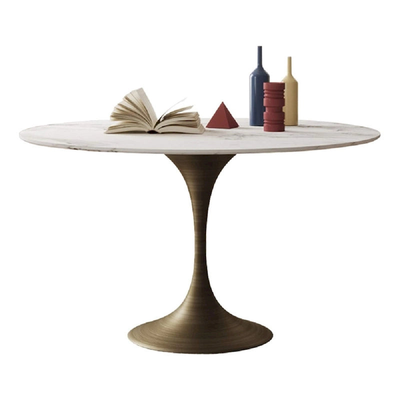 Table de salle à manger ronde à pied central, aspect marbre blanc, 4 à 6 places