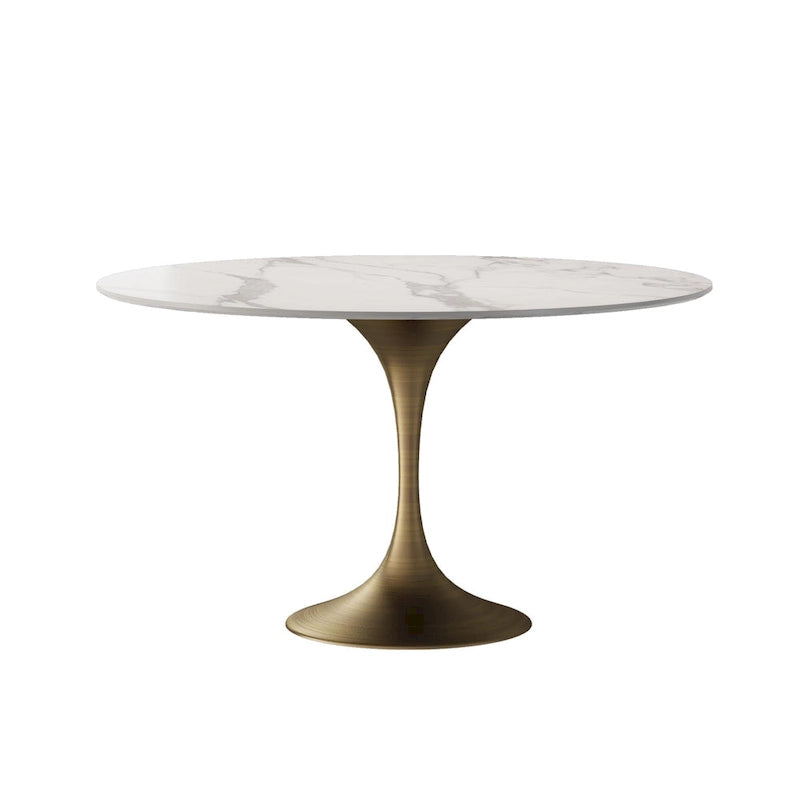 Table de salle à manger ronde à pied central, aspect marbre blanc, 4 à 6 places