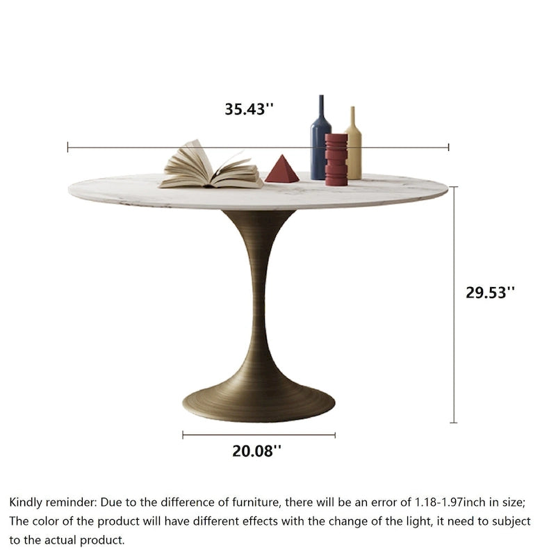 Table de salle à manger ronde à pied central, aspect marbre blanc, 4 à 6 places