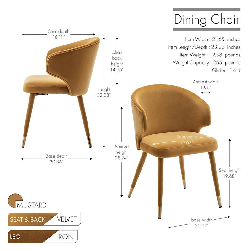 Chaises de salle à manger à dossier haut en velours avec garniture dorée, lot de 2 | Moutarde / Vert / Gris foncé / Rose / Bleu