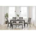 Table à manger de transition grise/marron, 4 chaises et banc – 6 places (Ensemble de 6)