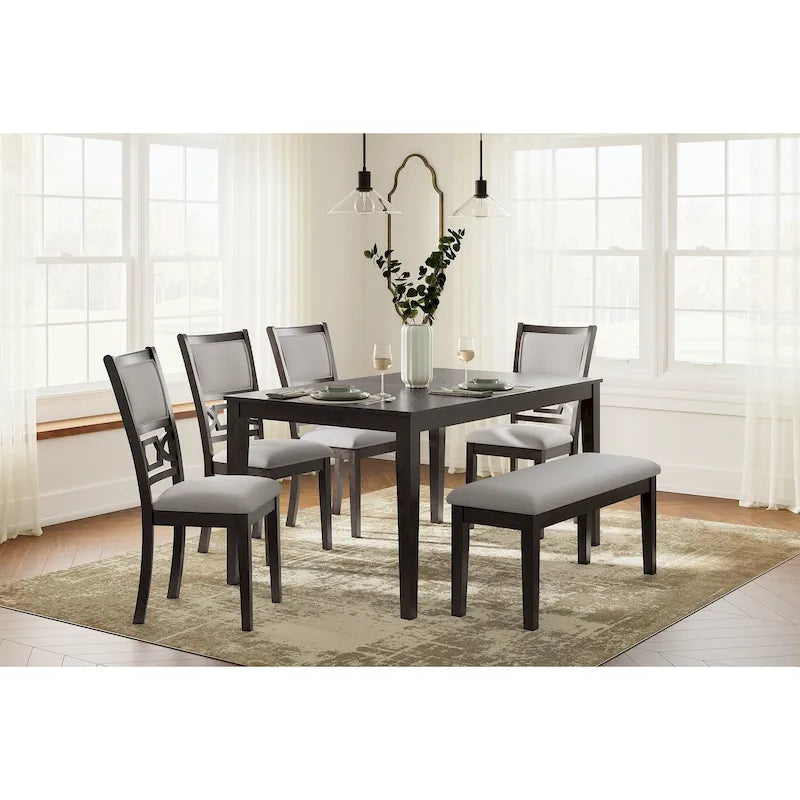 Table à manger de transition grise/marron, 4 chaises et banc – 6 places (Ensemble de 6)