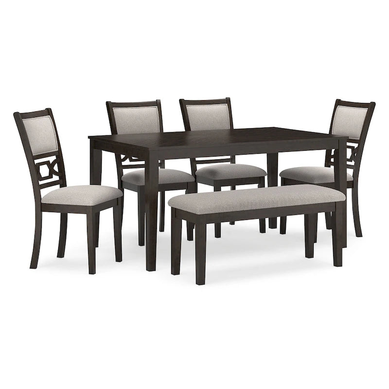 Table à manger de transition grise/marron, 4 chaises et banc – 6 places (Ensemble de 6)