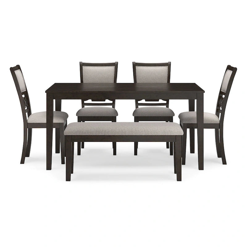 Table à manger de transition grise/marron, 4 chaises et banc – 6 places (Ensemble de 6)