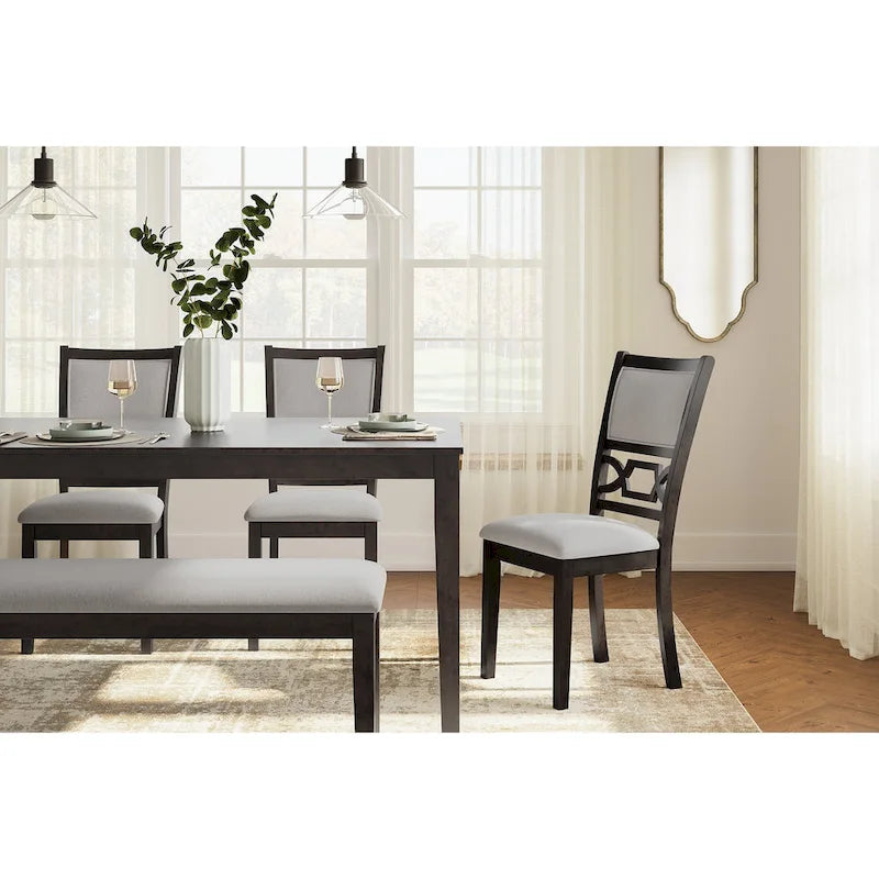 Table à manger de transition grise/marron, 4 chaises et banc – 6 places (Ensemble de 6)