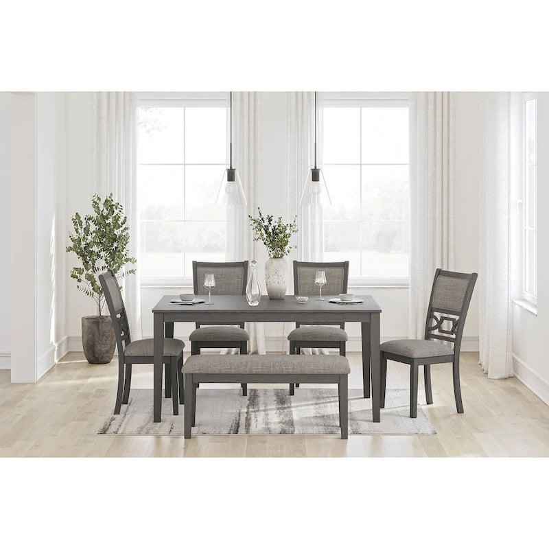 Table à manger de transition grise/marron, 4 chaises et banc – 6 places (Ensemble de 6)