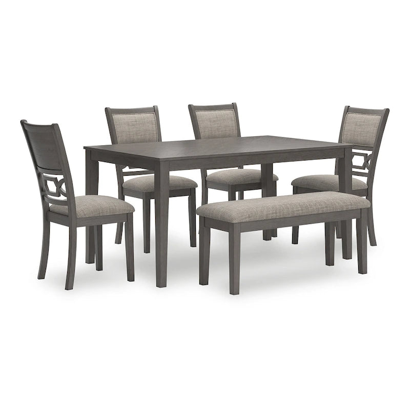 Table à manger de transition grise/marron, 4 chaises et banc – 6 places (Ensemble de 6)