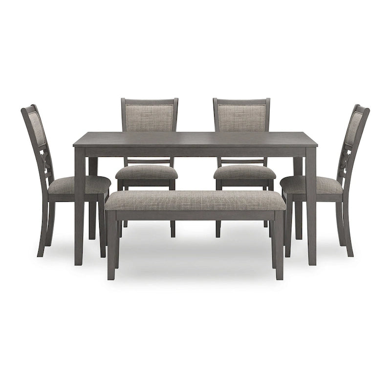 Table à manger de transition grise/marron, 4 chaises et banc – 6 places (Ensemble de 6)