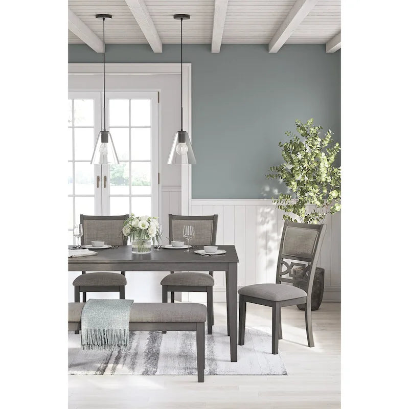 Table à manger de transition grise/marron, 4 chaises et banc – 6 places (Ensemble de 6)