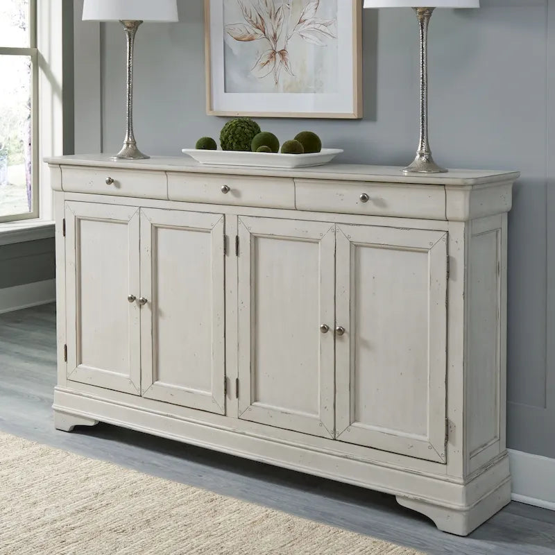 Buffet de couloir brossé en porcelaine blanche / taupe sablé, style 3 tiroirs 4 portes