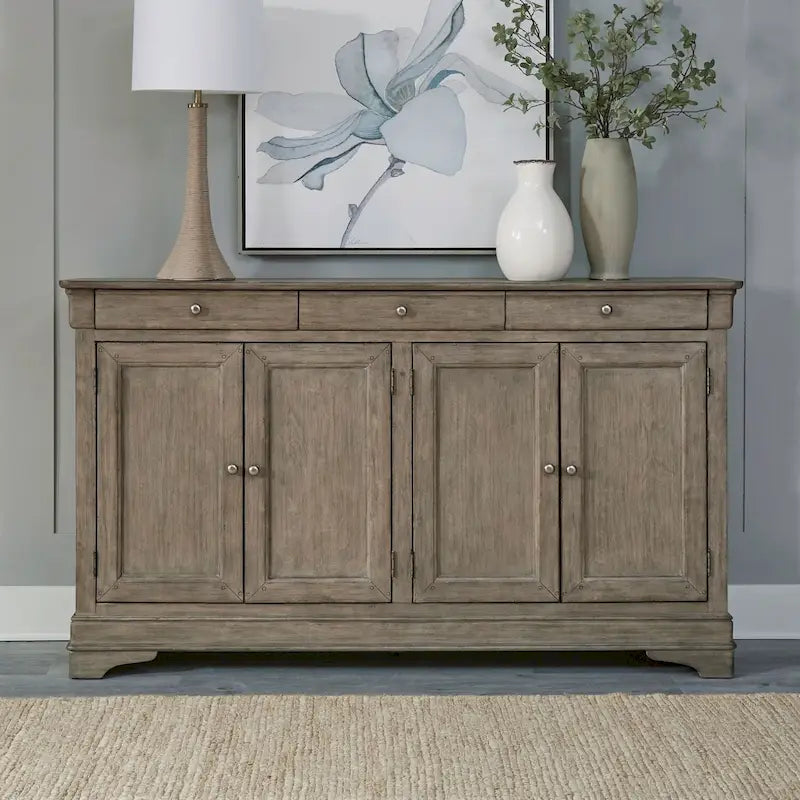 Buffet de couloir brossé en porcelaine blanche / taupe sablé, style 3 tiroirs 4 portes