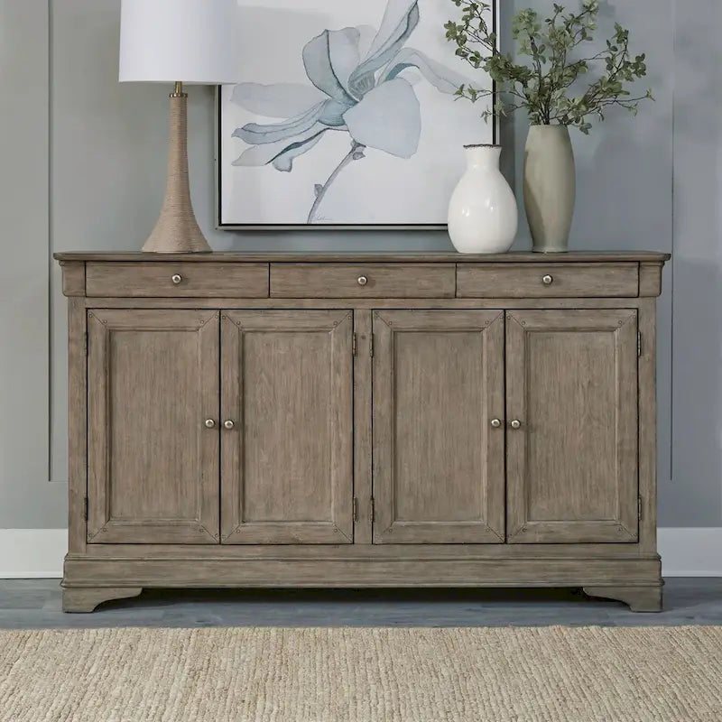 Buffet de couloir brossé en porcelaine blanche / taupe sablé, style 3 tiroirs 4 portes