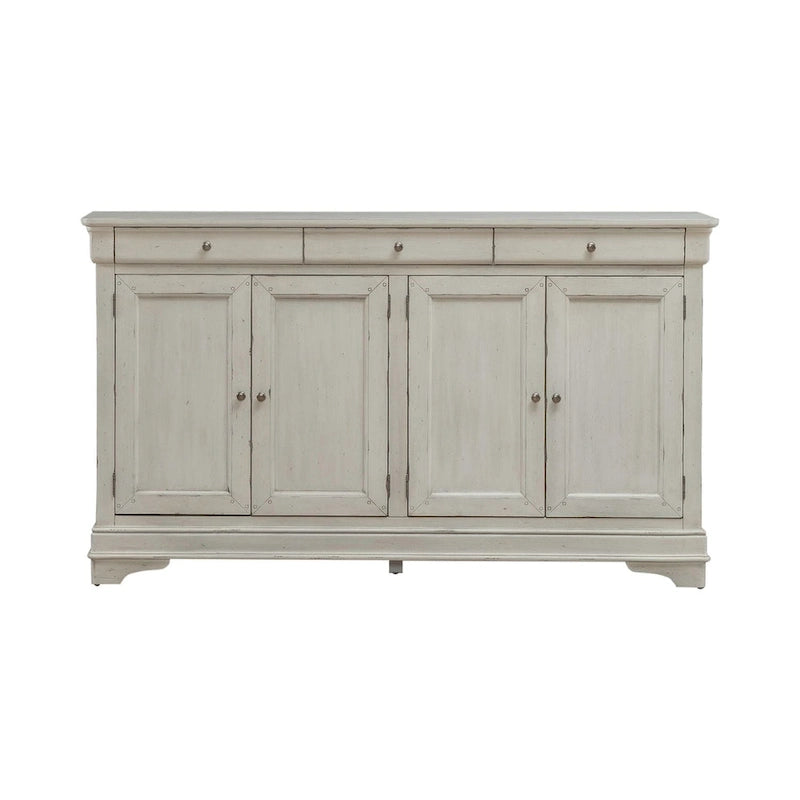 Buffet de couloir brossé en porcelaine blanche / taupe sablé, style 3 tiroirs 4 portes