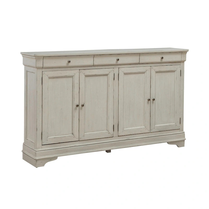 Buffet de couloir brossé en porcelaine blanche / taupe sablé, style 3 tiroirs 4 portes