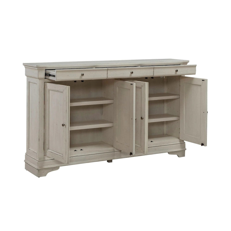 Buffet de couloir brossé en porcelaine blanche / taupe sablé, style 3 tiroirs 4 portes